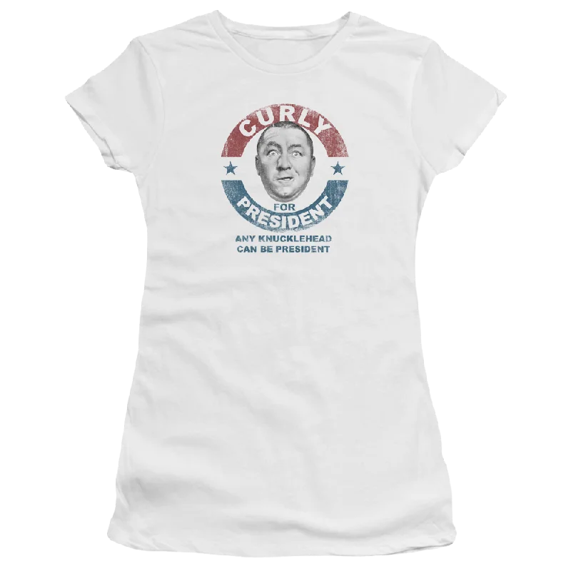 Three Stooges, The Curly For President - Juniors T-Shirt-- Notch Collar Peter Pan Collar Cowl Neck
