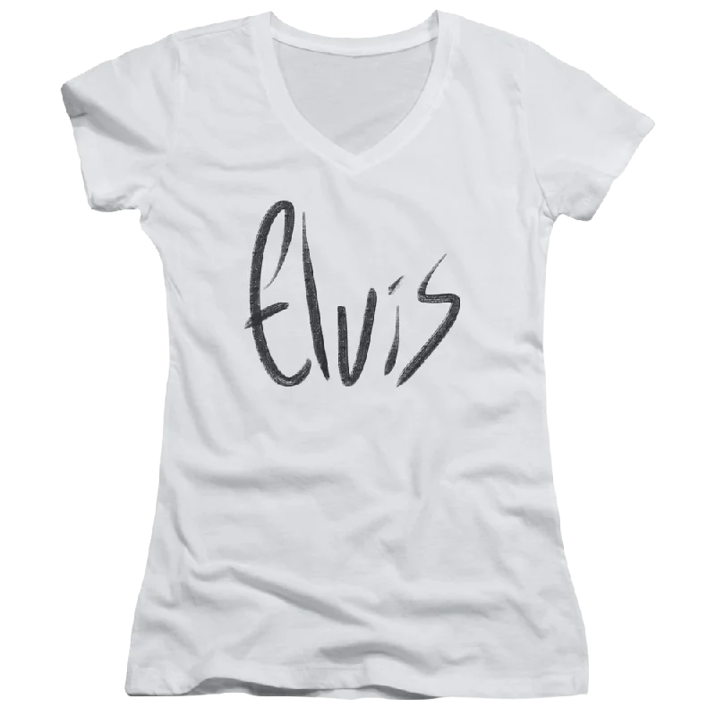 Elvis Presley Sketchy Name - Juniors V-Neck T-Shirt-- Anti-Shrink Durable Soft