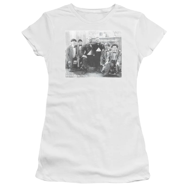 The Three Stooges Hello Juniors T-Shirt-- Chenille Fabric Brocade Fabric Lace Fabric