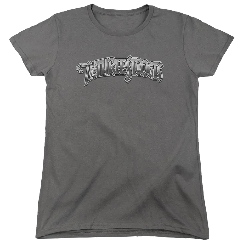 The Three Stooges Metallic Logo Women's T-Shirt-- Satin Blend Silk Blend Wool Blend
