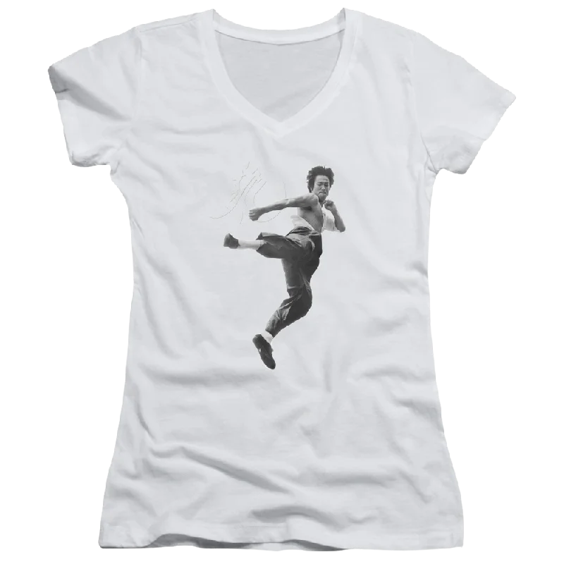Bruce Lee Flying Kick - Juniors V-Neck T-Shirt-- Cozy Warm Stylish
