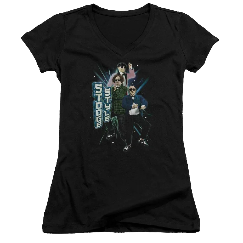 The Three Stooges Stooge Style Juniors V-Neck T-Shirt-- Seamless Knitted Crochet