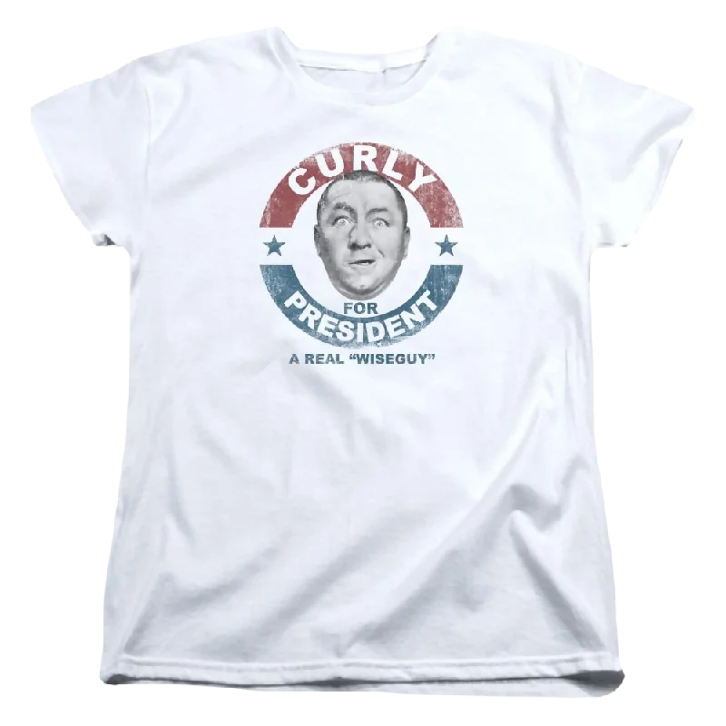 The Three Stooges Curly For President Women's T-Shirt-- Collared T-Shirt Boat Neck A-Line