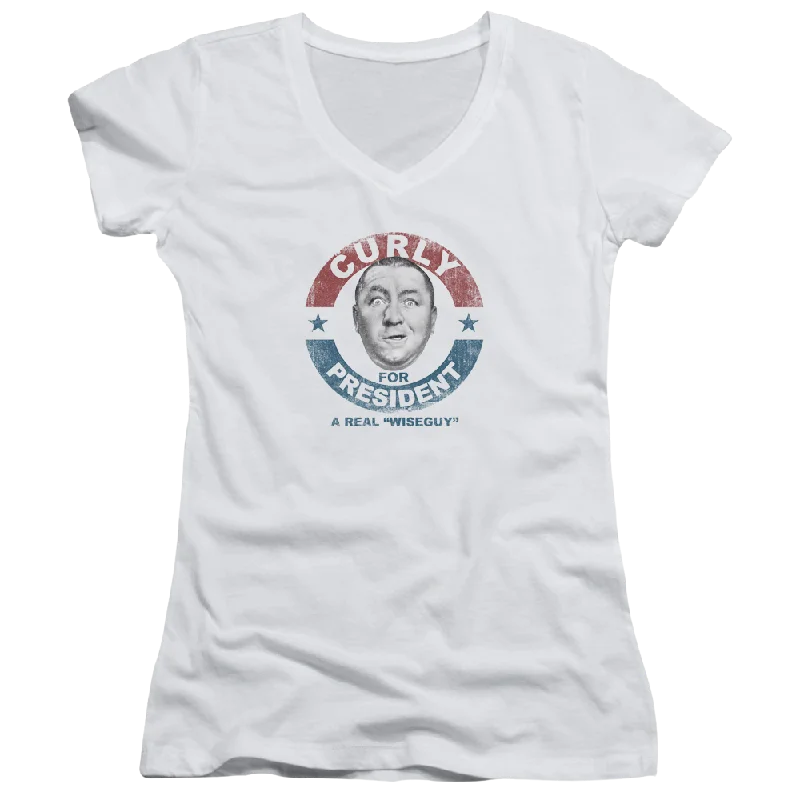 The Three Stooges Curly For President Juniors V-Neck T-Shirt-- Solid Color Striped Floral