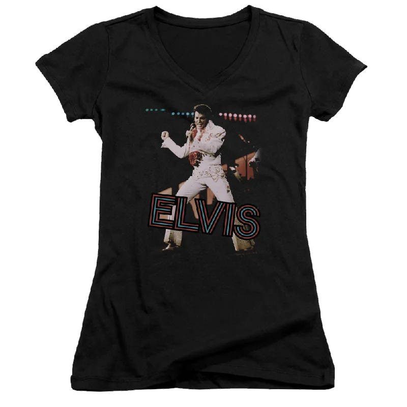 Elvis Presley Hit The Lights - Juniors V-Neck T-Shirt-- Zippered Front Buttoned Front Snap Front Elvis Presley Hit The Lights - Juniors V-Neck T-Shirt-- Zippered Front Buttoned Front Snap Front