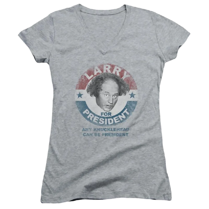 The Three Stooges Larry For President Juniors V-Neck T-Shirt-- Chenille Blend Fleece Blend Nylon Blend