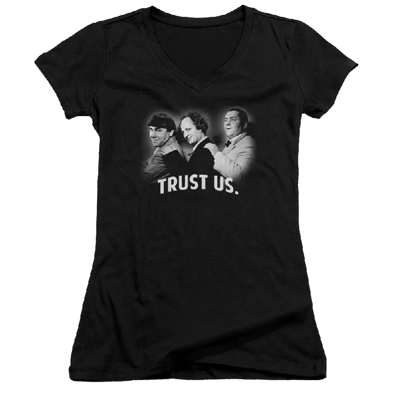 The Three Stooges Turst Us Juniors V-Neck T-Shirt-- Seamless Knitted Crochet