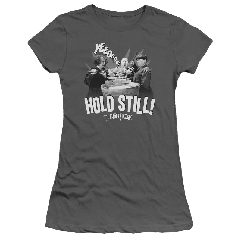 The Three Stooges Hold Still Juniors T-Shirt-- Notch Collar Peter Pan Collar Cowl Neck The Three Stooges Hold Still Juniors T-Shirt-- Notch Collar Peter Pan Collar Cowl Neck