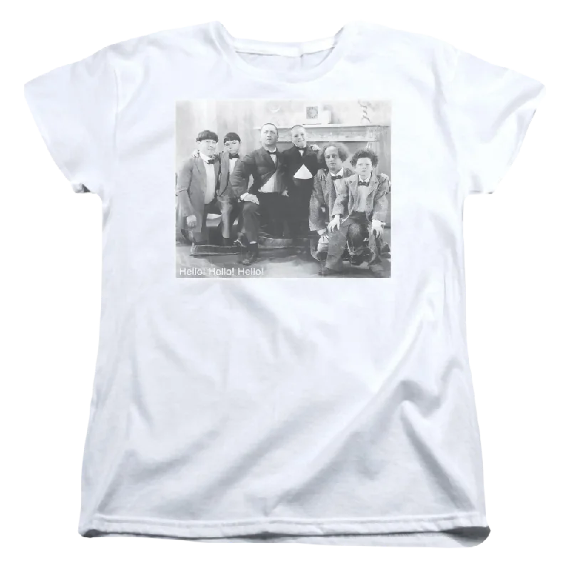 The Three Stooges Hello Women's T-Shirt-- Ribbed Striped Patterned