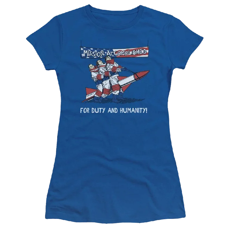 The Three Stooges Mission Accomplished Juniors T-Shirt-- Ribbed Striped Patterned