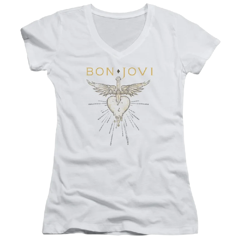 Bon Jovi Greatest Hits - Juniors V-Neck T-Shirt-- Ribbed T-Shirt High Neck Heavyweight