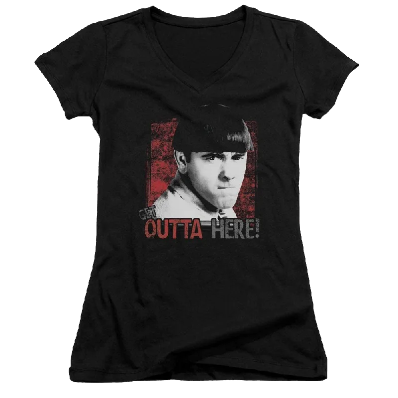 The Three Stooges Get Outta Here Juniors V-Neck T-Shirt-- Plaid T-Shirt Polka Dot Checkered