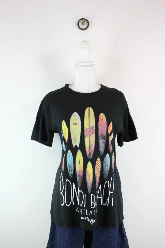 Vintage Bondi Beach T-Shirt (S)-- Notch Collar Peter Pan Collar Cowl Neck