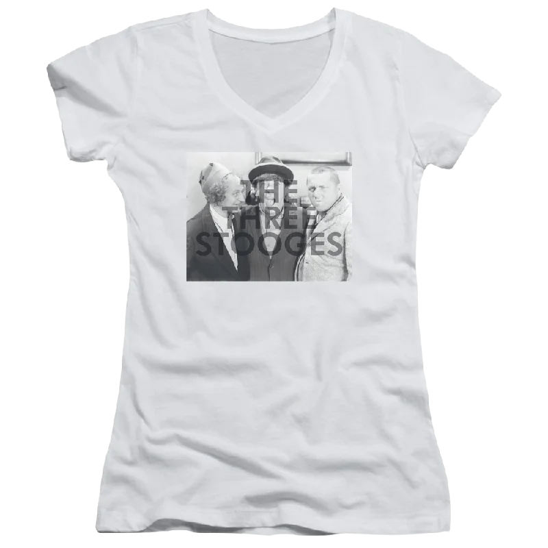 The Three Stooges Cutoff Juniors V-Neck T-Shirt-- Hooded Caped Shawl Collar