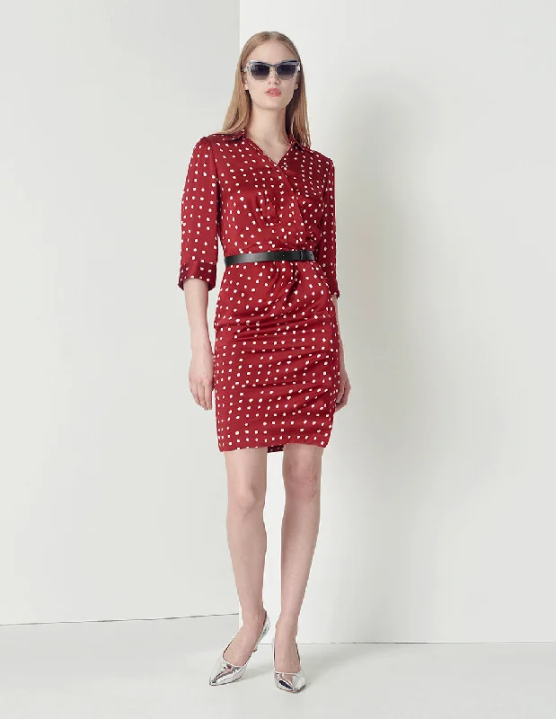 MARYLING V-NECK POLKA DOTS PRINT SHIRT DRESS-- Collared T-Shirt Boat Neck A-Line