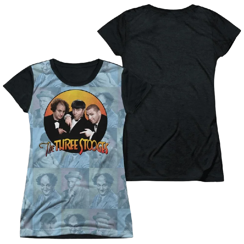 The Three Stooges Portraits Juniors Black Back T-Shirt-- Welt Pockets Slit Pockets