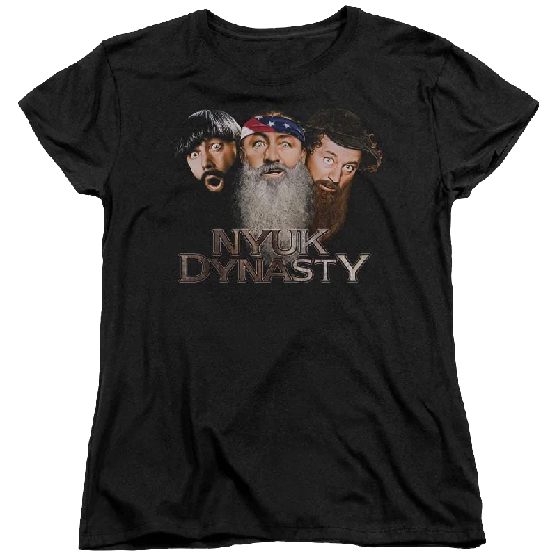 The Three Stooges Nyuk Dynasty 2 Women's T-Shirt-- Mesh Blend Leather Blend Suede Blend
