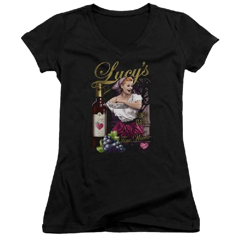 I Love Lucy Bitter Grapes Juniors V-Neck T-Shirt-- Mesh Canvas Denim