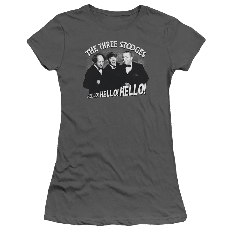 The Three Stooges Hello Again Juniors T-Shirt-- Denim Fabric Leather Fabric Suede Fabric The Three Stooges Hello Again Juniors T-Shirt-- Denim Fabric Leather Fabric Suede Fabric