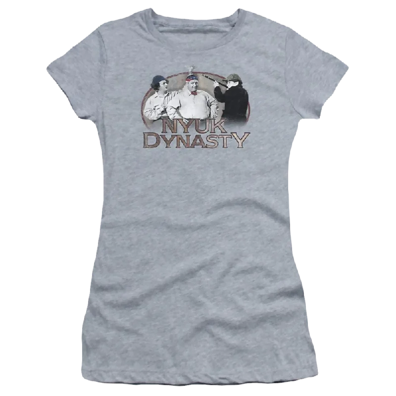 The Three Stooges Nyuk Dynasty Juniors T-Shirt-- Rayon Fabric Velvet Fabric Corduroy Fabric