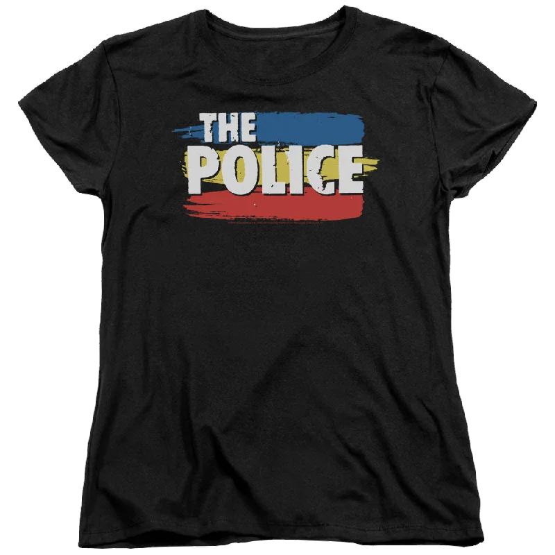 The Police Three Stripes Logo - Women's T-Shirt-- Notch Collar Peter Pan Collar Cowl Neck