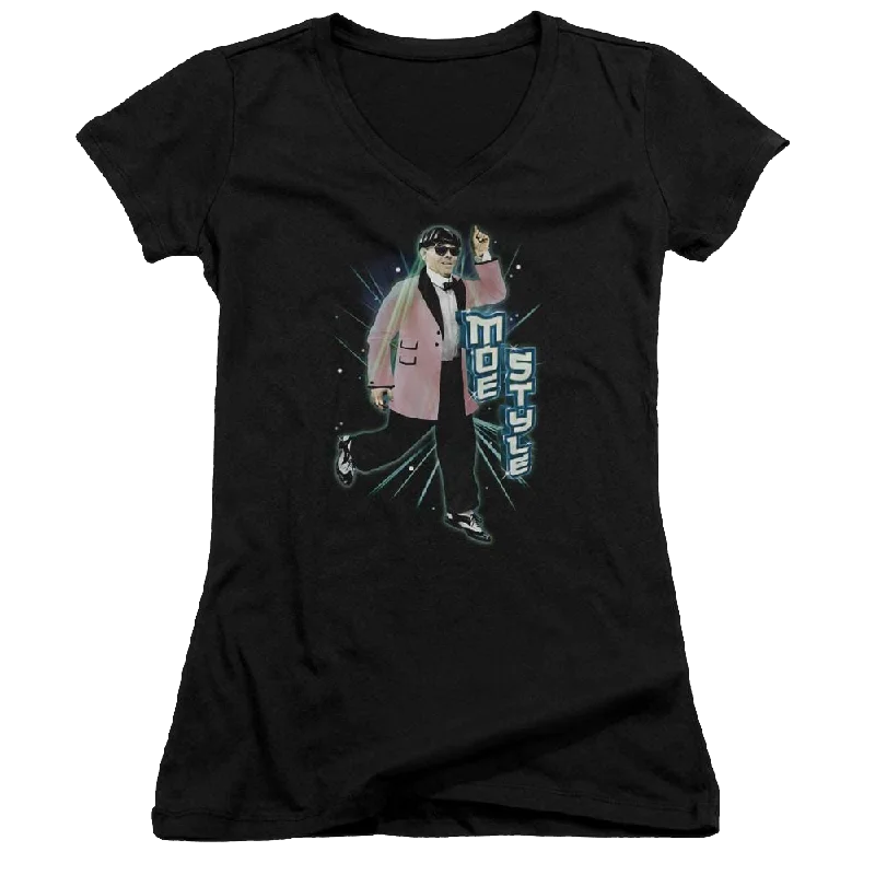 The Three Stooges Moe Style Juniors V-Neck T-Shirt-- Fleece Nylon Spandex