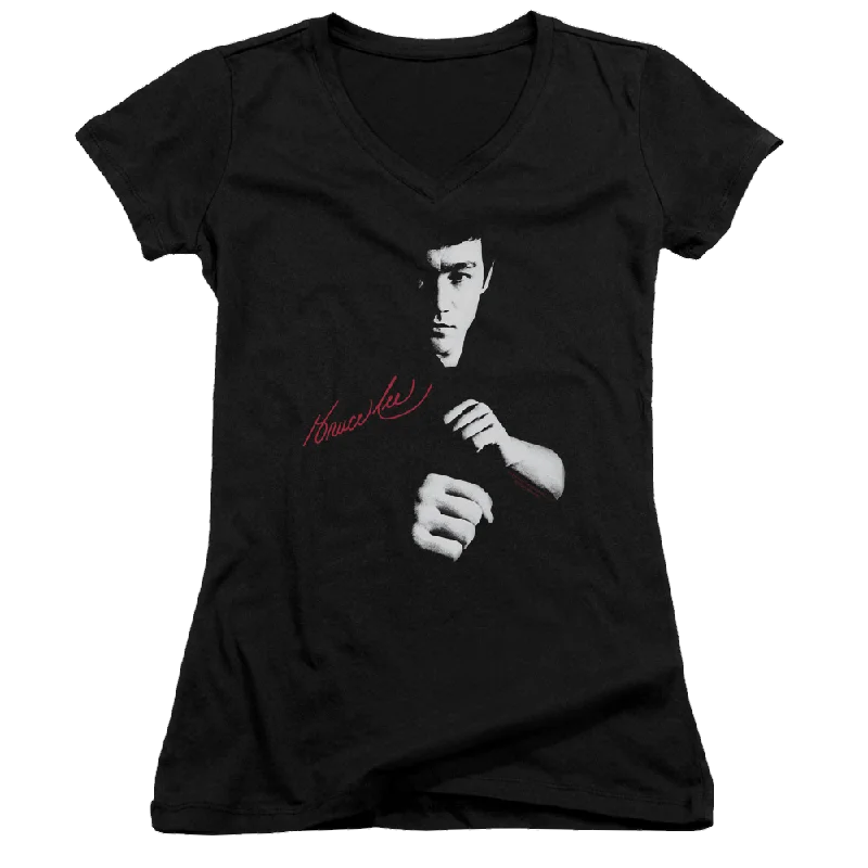 Bruce Lee The Dragon Awaits - Juniors V-Neck T-Shirt-- Real Fur Shearling Chenille