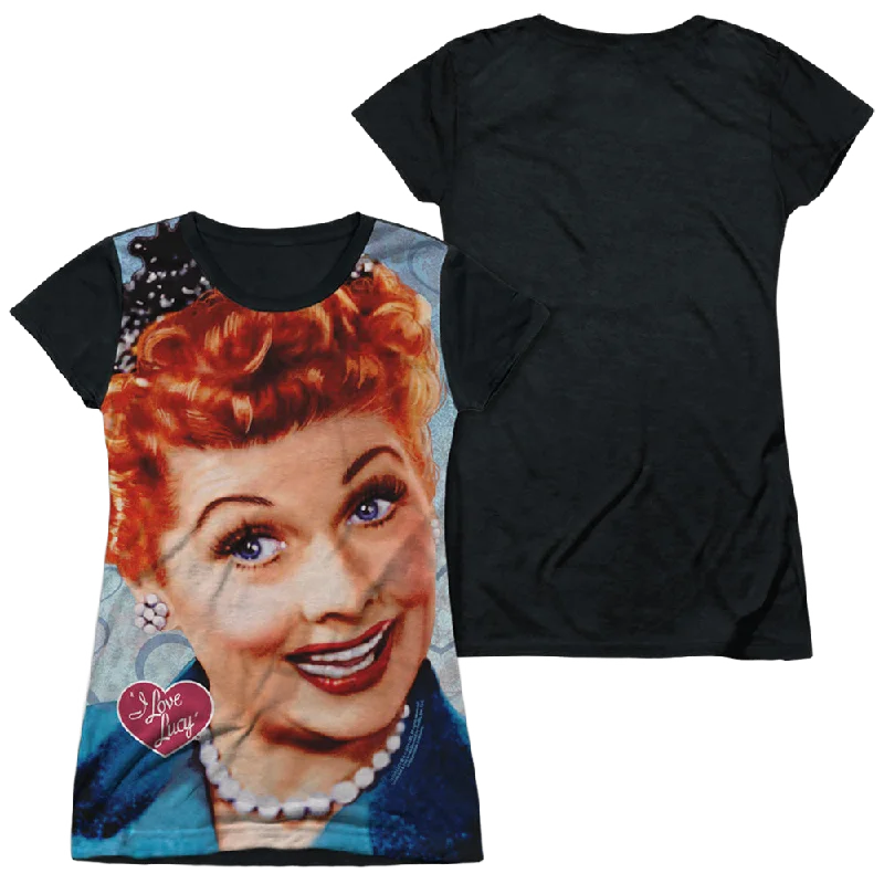 I Love Lucy Smile - Juniors Black Back T-Shirt-- Striped Floral Plaid