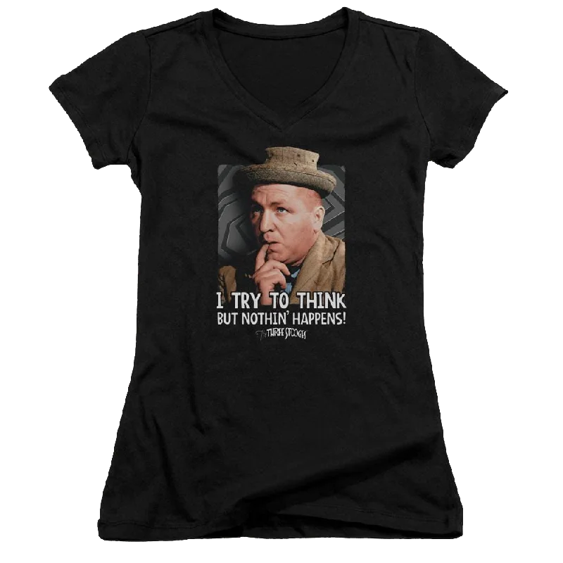 The Three Stooges Try To Think Juniors V-Neck T-Shirt-- Boxy Fit Fitted Loose