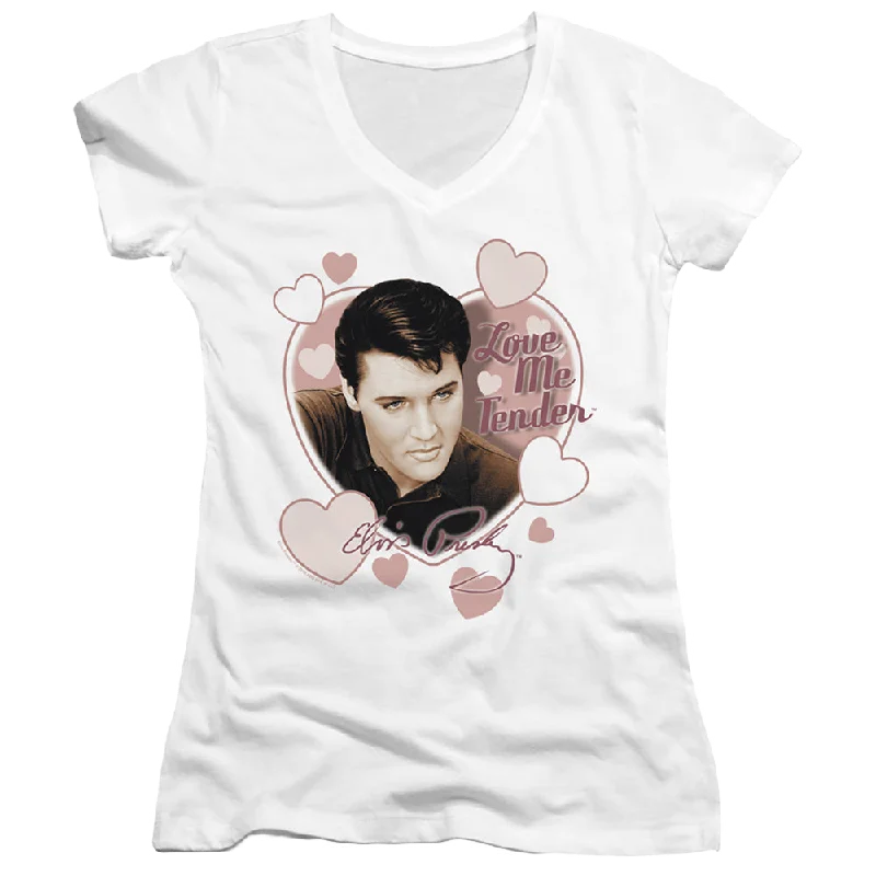 Elvis Presley Love Me Tender - Juniors V-Neck T-Shirt-- Faux Fur Fabric Real Fur Fabric Shearling Fabric Elvis Presley Love Me Tender - Juniors V-Neck T-Shirt-- Faux Fur Fabric Real Fur Fabric Shearling Fabric