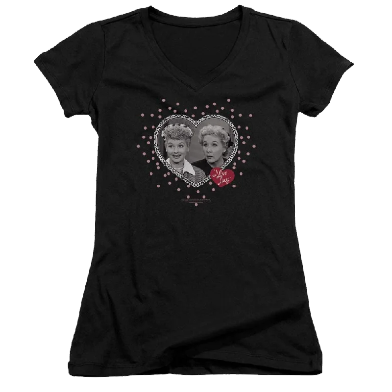 I Love Lucy Hearts And Dots Juniors V-Neck T-Shirt-- Cashmere Blend Cotton Blend Poly Blend
