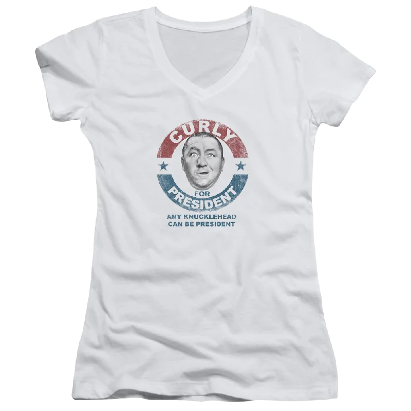 The Three Stooges Curly For President Juniors V-Neck T-Shirt-- Zippered Front Buttoned Front Snap Front The Three Stooges Curly For President Juniors V-Neck T-Shirt-- Zippered Front Buttoned Front Snap Front