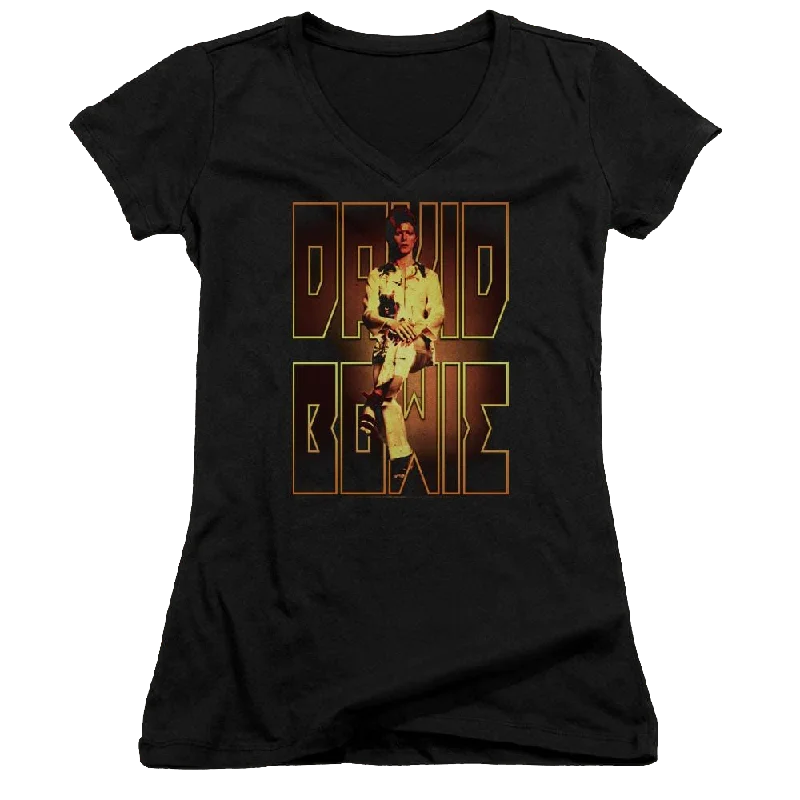 David Bowie Perched - Juniors V-Neck T-Shirt-- Chenille Blend Fleece Blend Nylon Blend