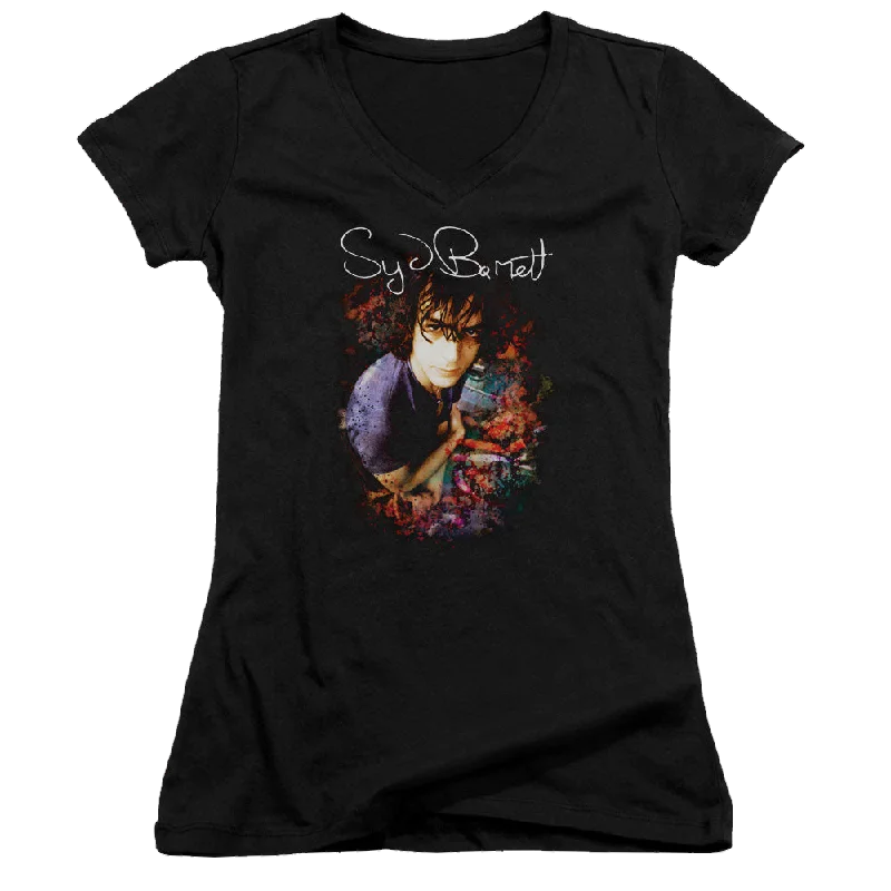 Syd Barrett Madcap Syd - Juniors V-Neck T-Shirt-- Striped Floral Plaid