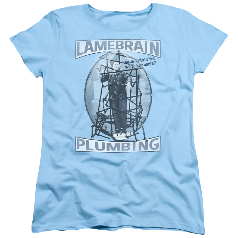 The Three Stooges Lanebrain Plumbing Women's T-Shirt-- Mesh Blend Leather Blend Suede Blend The Three Stooges Lanebrain Plumbing Women's T-Shirt-- Mesh Blend Leather Blend Suede Blend