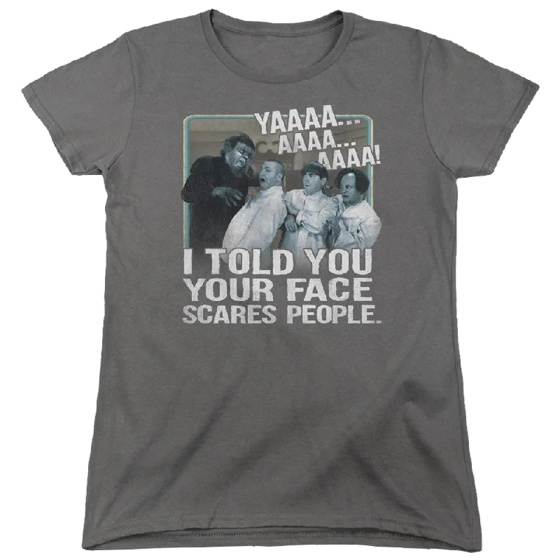 The Three Stooges Scares People Women's T-Shirt-- Zippered Front Buttoned Front Snap Front