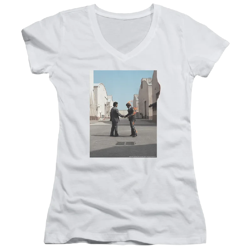 Pink Floyd Wish You Were Here - Juniors V-Neck T-Shirt-- Zippered Buttoned Snapped