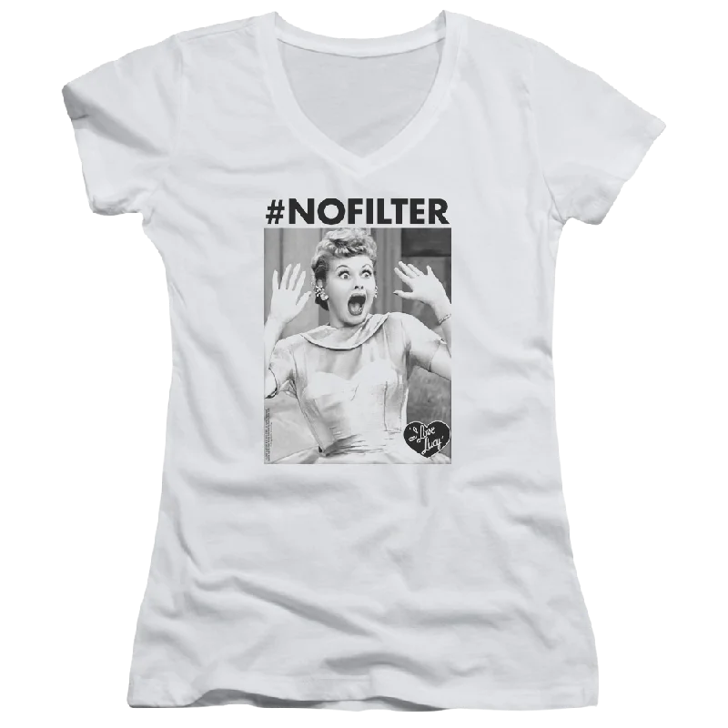 I Love Lucy No Filter Juniors V-Neck T-Shirt-- Denim Fabric Leather Fabric Suede Fabric I Love Lucy No Filter Juniors V-Neck T-Shirt-- Denim Fabric Leather Fabric Suede Fabric