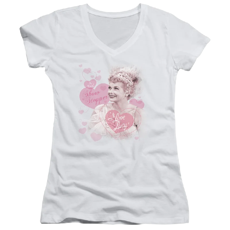 I Love Lucy Show Stopper Juniors V-Neck T-Shirt-- Polka Dot Checkered Tartan