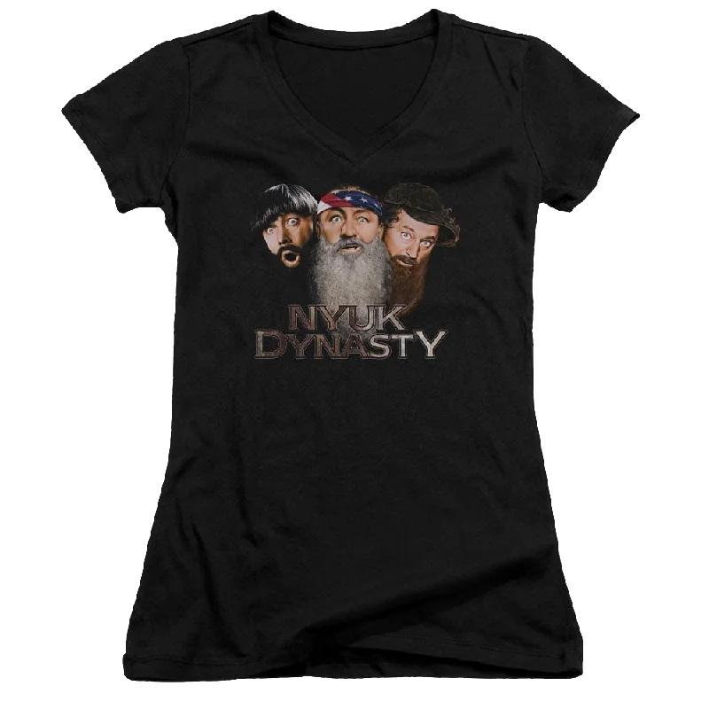 The Three Stooges Nyuk Dynasty 2 Juniors V-Neck T-Shirt-- Striped Floral Plaid