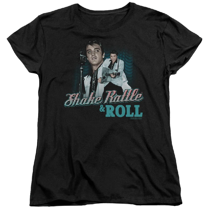 Elvis Presley Shake Rattle & Roll - Women's T-Shirt-- Mesh Blend Leather Blend Suede Blend Elvis Presley Shake Rattle & Roll - Women's T-Shirt-- Mesh Blend Leather Blend Suede Blend