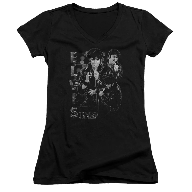 Elvis Presley Leathered - Juniors V-Neck T-Shirt-- Chenille Blend Fleece Blend Nylon Blend