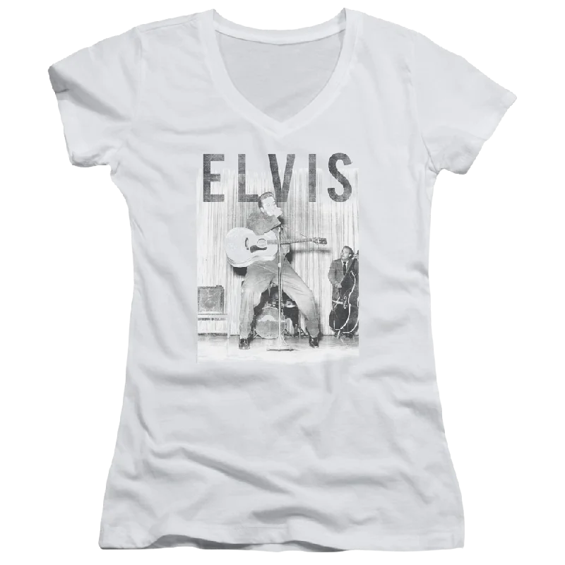 Elvis Presley With The Band - Juniors V-Neck T-Shirt-- Mesh Blend Leather Blend Suede Blend