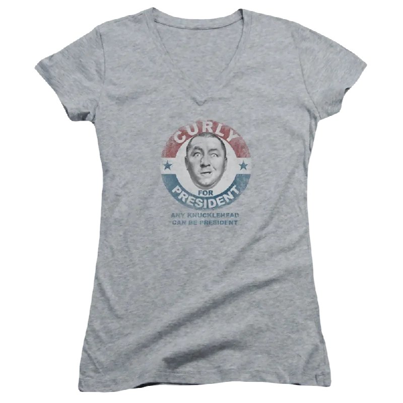 Three Stooges, The Curly For President - Juniors V-Neck T-Shirt-- Houndstooth Herringbone Solid