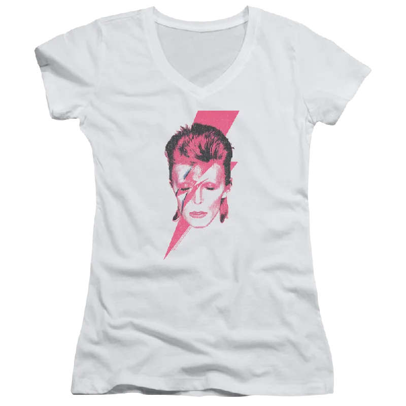 David Bowie Aladdin Sane - Juniors V-Neck T-Shirt-- Sequined Glittery Shiny