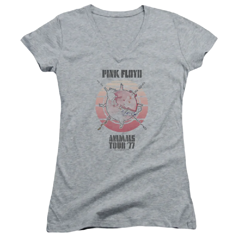 Pink Floyd Animals Tour 77 - Juniors V-Neck T-Shirt-- Embroidered Appliqued Beaded