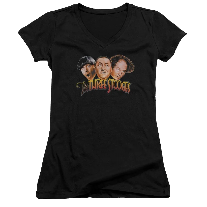 The Three Stooges Three Head Logo Juniors V-Neck T-Shirt-- Modern Contemporary Chic