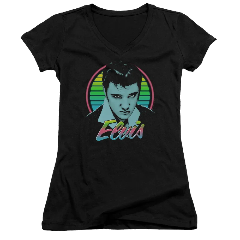 Elvis Presley Neon King - Juniors V-Neck T-Shirt-- Rayon Fabric Velvet Fabric Corduroy Fabric