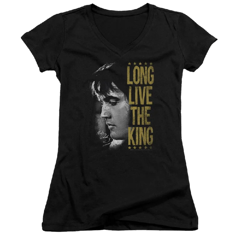 Elvis Presley Long Live The King - Juniors V-Neck T-Shirt-- Ribbed Striped Patterned