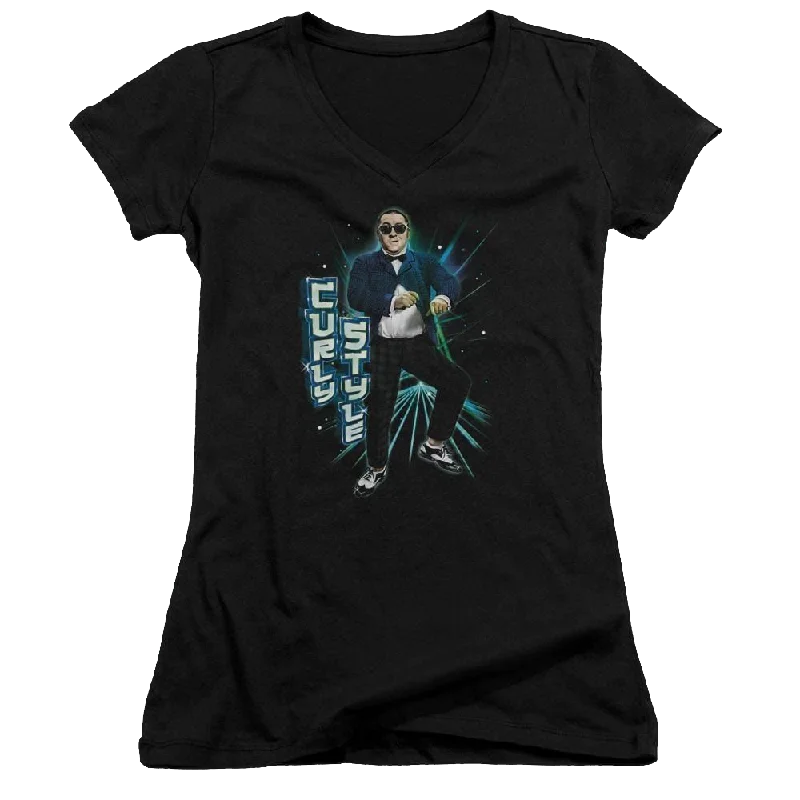 The Three Stooges Curly Style Juniors V-Neck T-Shirt-- Polka Dot Checkered Tartan